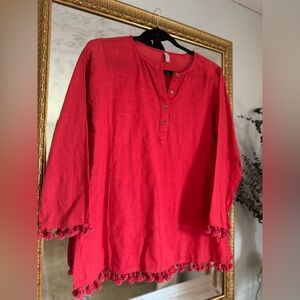 Red Long Sleeve Blouse with Button Detail